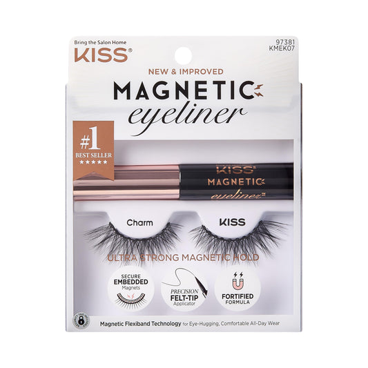 KISS Magnetic False Eyelashes and Eyeliner, ‘Charm’, 12mm, Easy to Apply, Reusable, No Glue, Flexible Band, Precision Felt Tip, Fortified Formula, 1