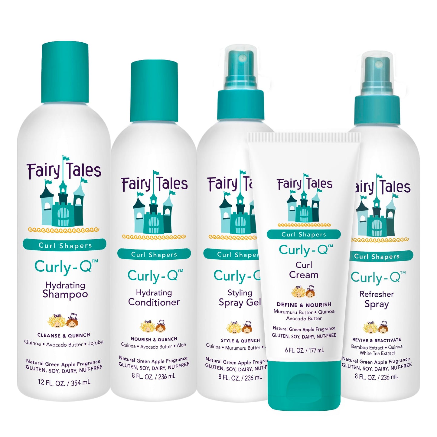 Fairy Tales Curly Q Kids Curly Hair Products Set - Curl Shampoo, Curl Conditioner, Curl Cream, Curl Refresher & Kids Styling Spray Gel - Phthalate