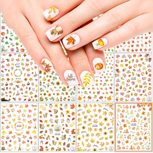 Adurself 1000+ Patterns Autumn Nail Art Decals Fall 3D Nail Self-Adhesive Stickers Harvest Pumpkin Maple Leaves Sunflower Squirrel for Women Girls Beauty & Personal Care Adurself