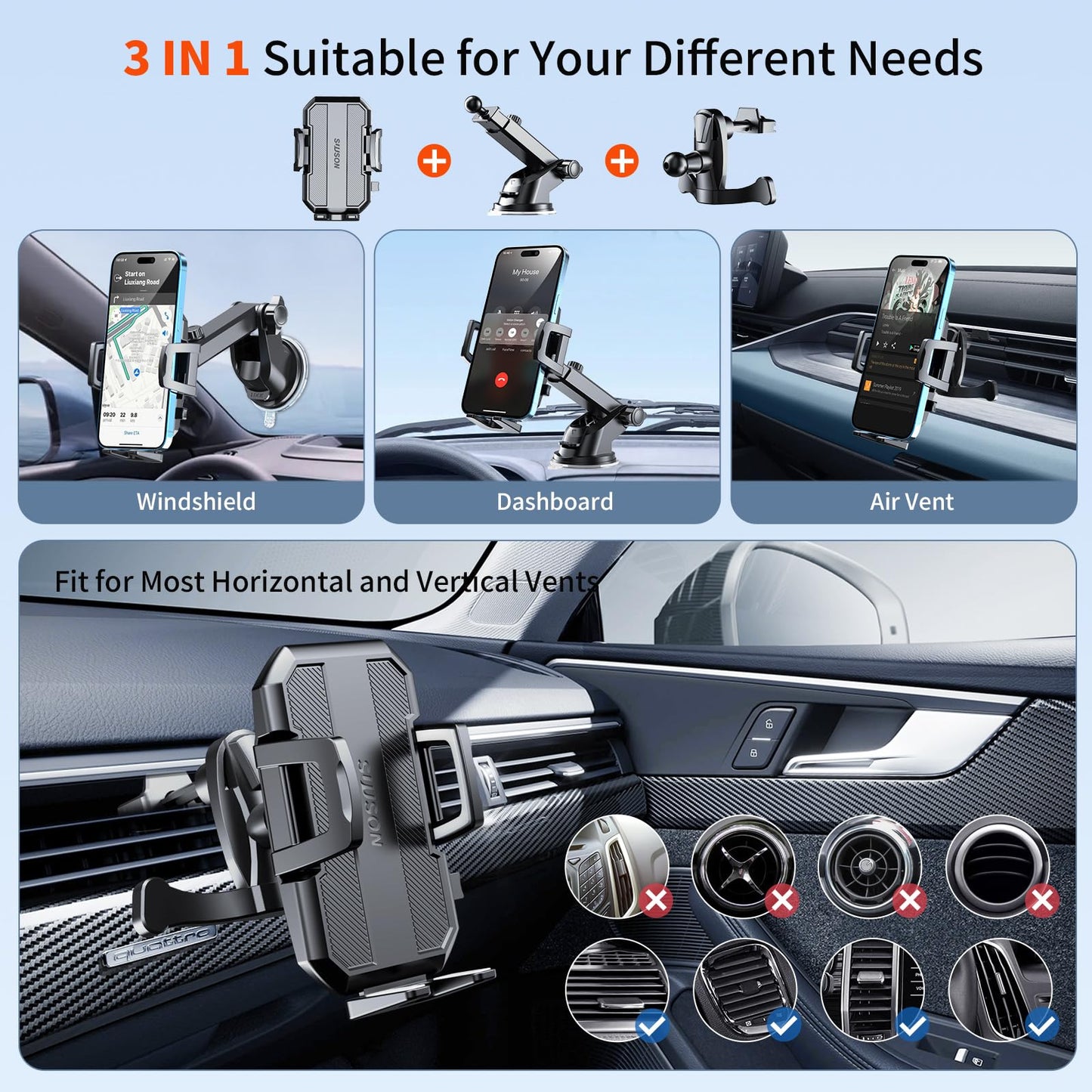 SUUSON Upgraded 3-in-1 Car Phone Holder Mount [Powerful Suction] Phone Mount for Car Dashboard Air Vent Windshield,for All iPhone Android Phone…