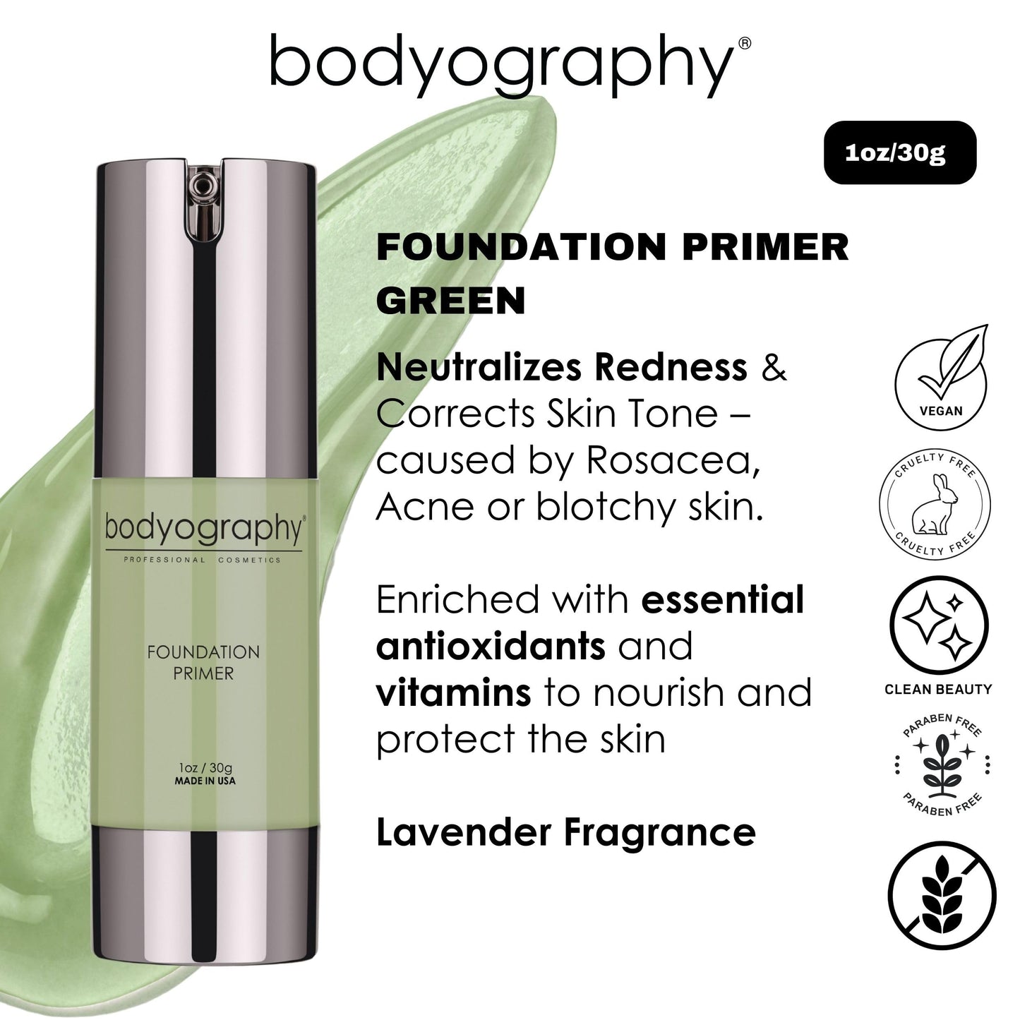 BODYOGRAPHY - Foundation Primer (Green): Flawless Anti-Aging Salon Makeup Primer w/Vitamin E, A, Jojoba, Grapeseed Oil | Control Shine | Gluten-Free