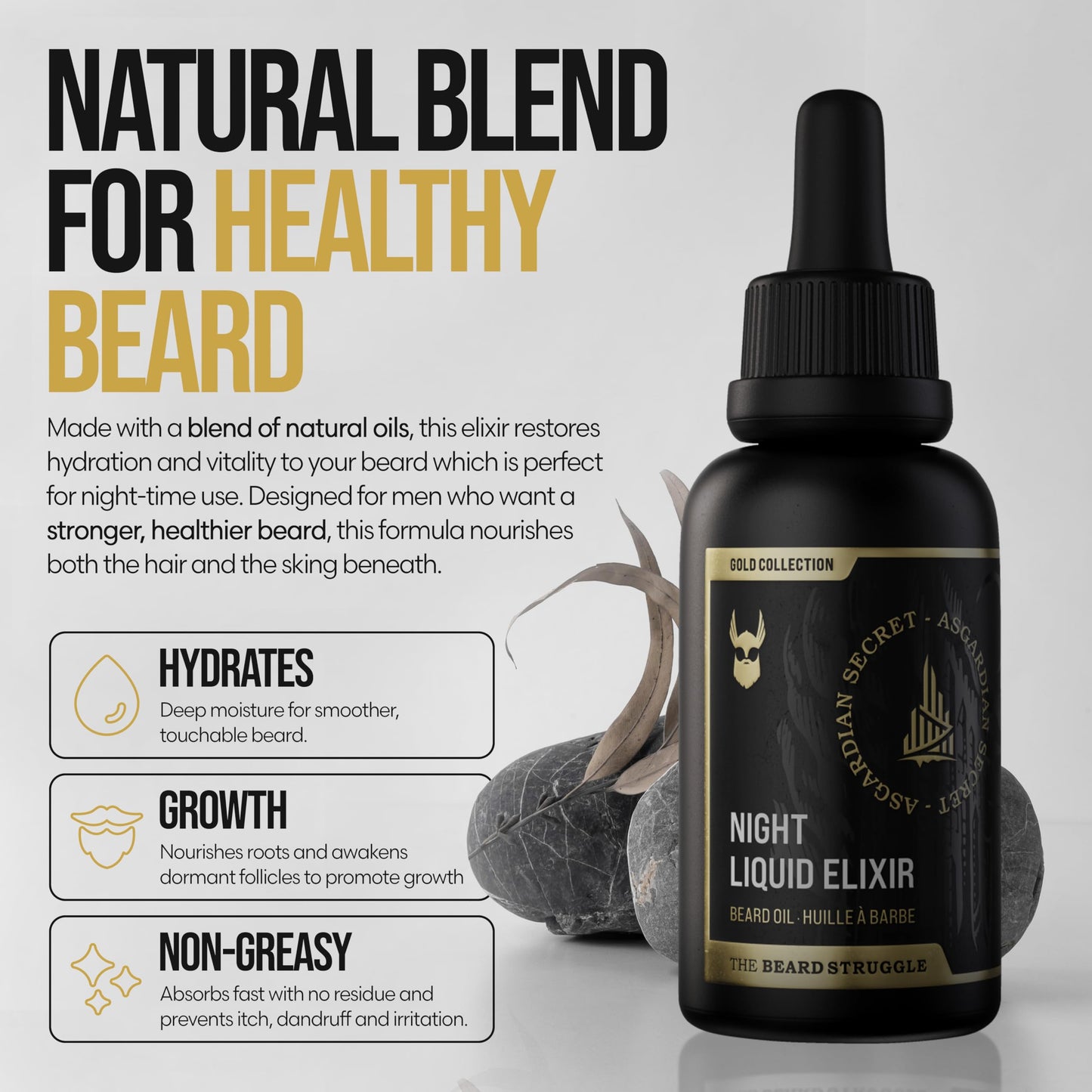 The Beard Struggle - Beard Growth Oil - Asgardian Secret, Gold Collection (1 Fl oz) - Night Liquid Elixir - Beard Oil for Men - Softens, Moisturizing