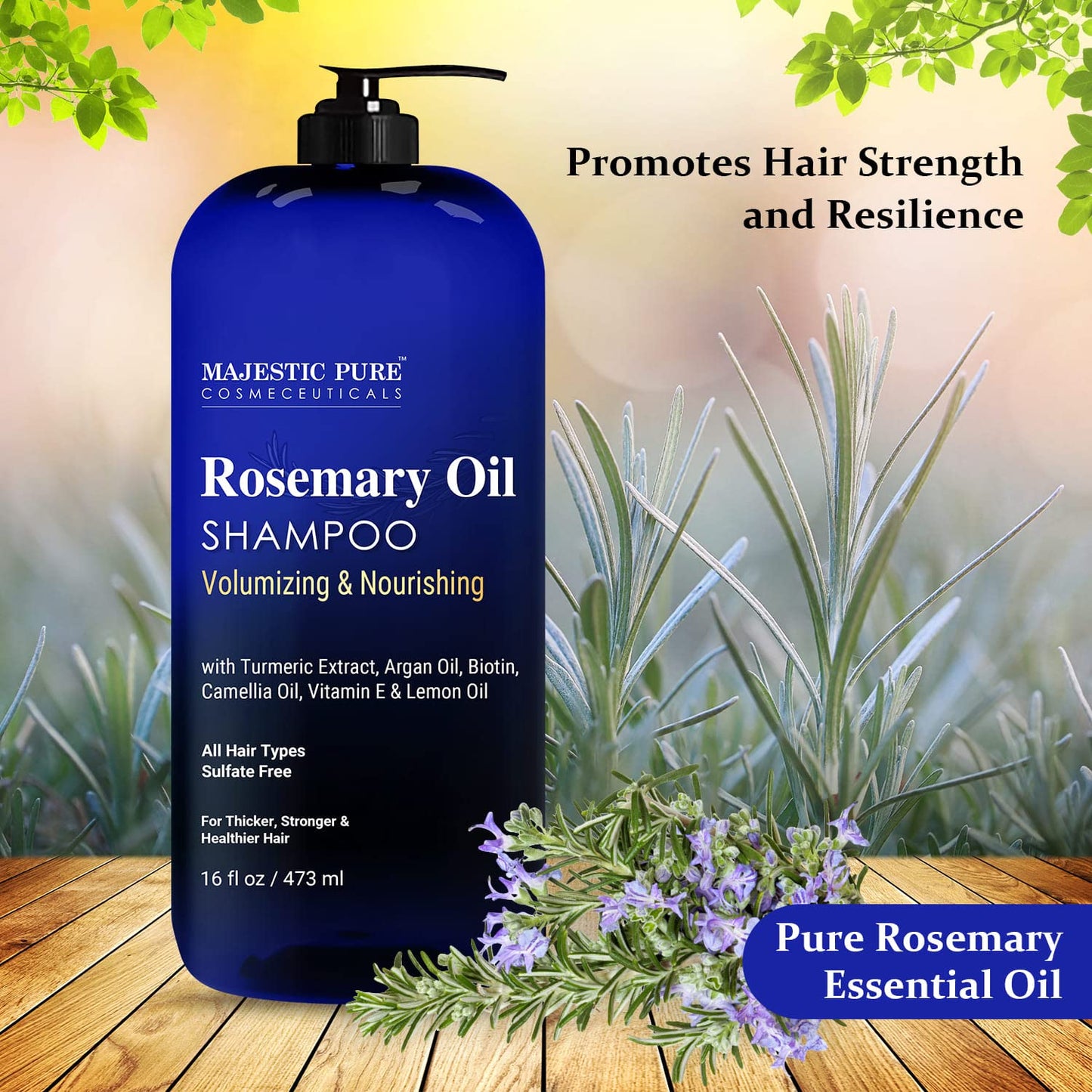Majestic Pure Rosemary Oil Shampoo for Hair Growth - Volumizing & Nourishing Shampoo - with Vitamin E & Argan Oil - Sulfate Free, for Men & Women - 16
