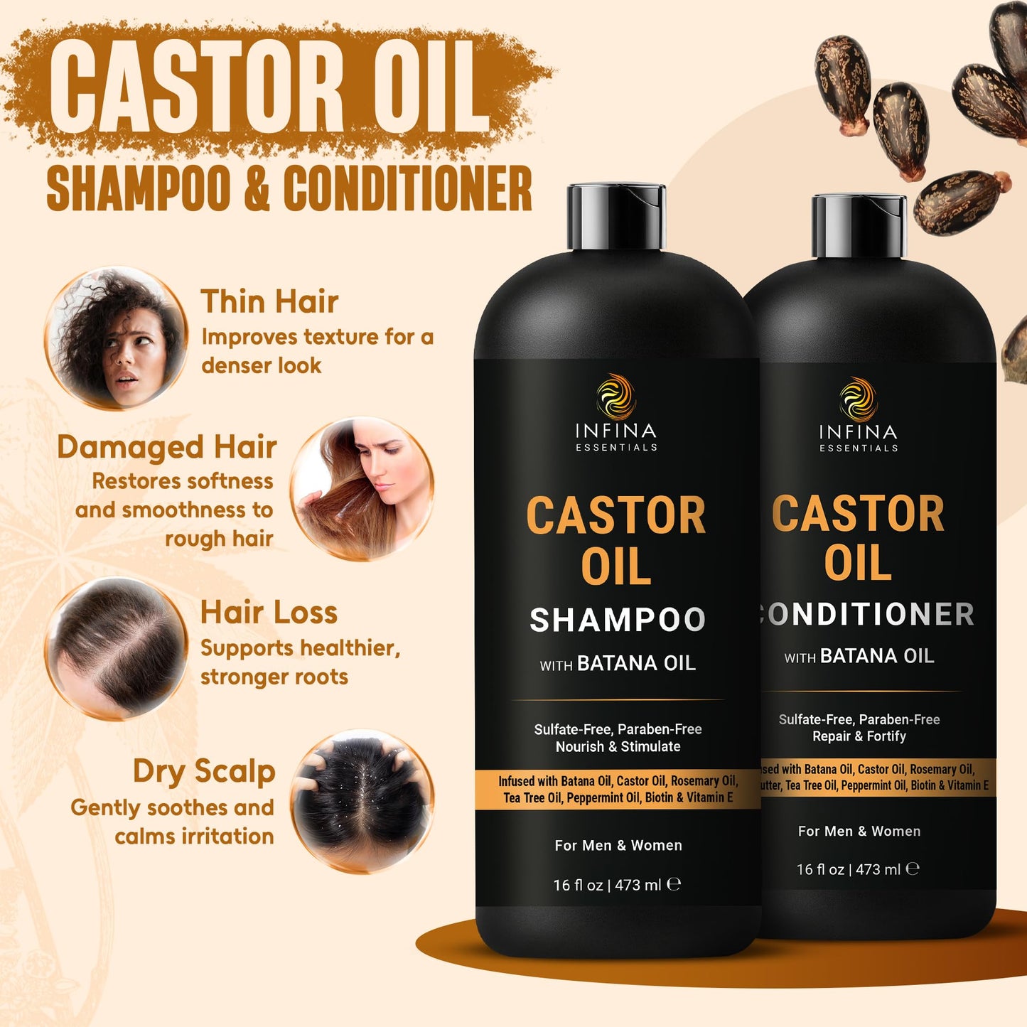 INFINA ESSENTIALS Castor Oil Shampoo and Conditioner Set | 16 fl oz Each | with Batana Oil | Strengthening, Thickening & Hydrating Formula | Supports