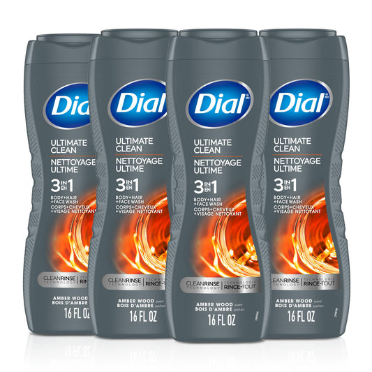 Dial Men 3 in 1 Body, Hair and Face Wash, Ultimate Clean, 16 Fl Oz, Pack of 4, Amber Woods Scent, Cleanses Deep + Gentle on Skin with Clean Rinse Beauty & Personal Care Dial