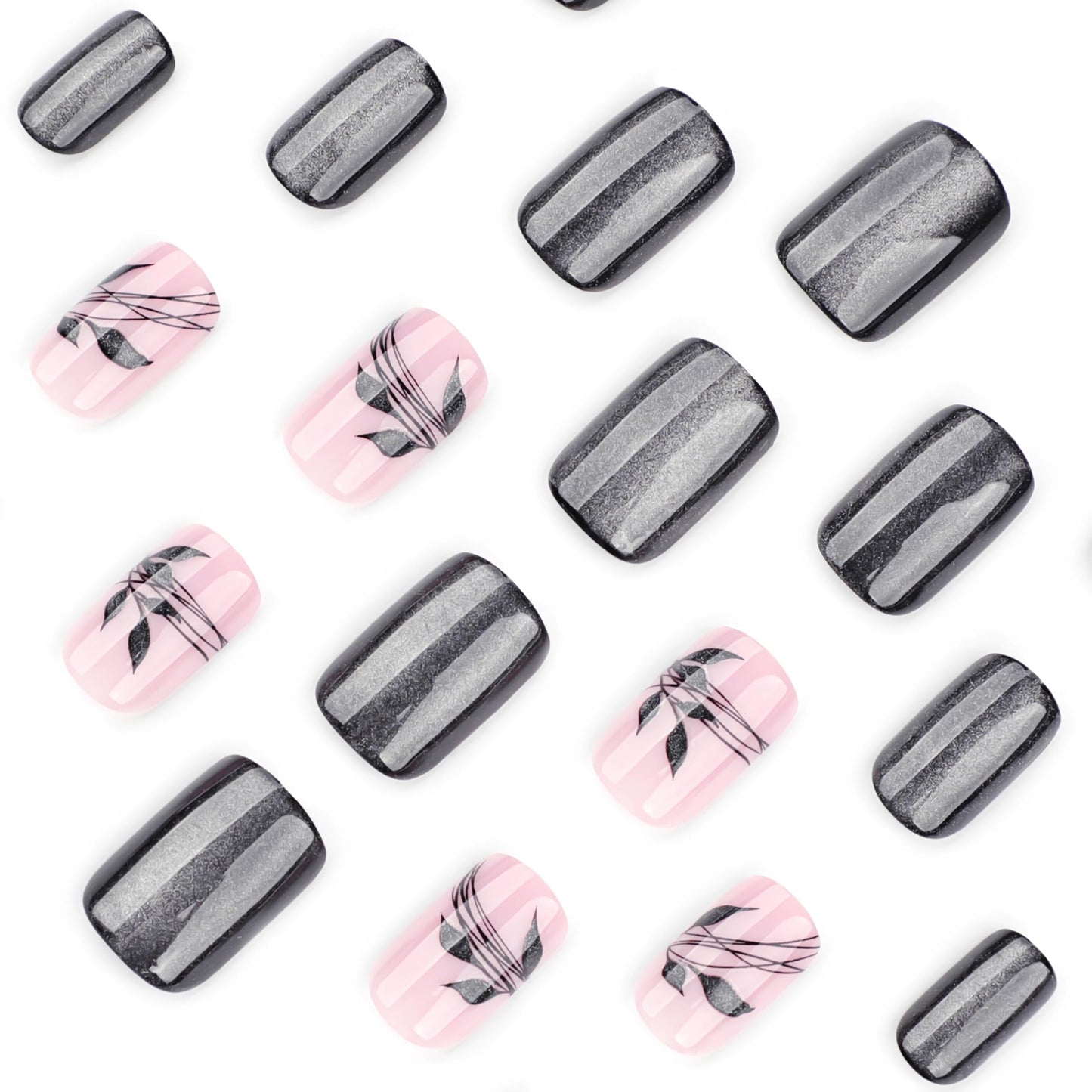 BABALAL Coffin Press on Nails Long Fake Nails Glossy Black French Glue on Nails Goth Ballerina Acrylic Nails 3d Metallic Cross Charm Designs 24pcs