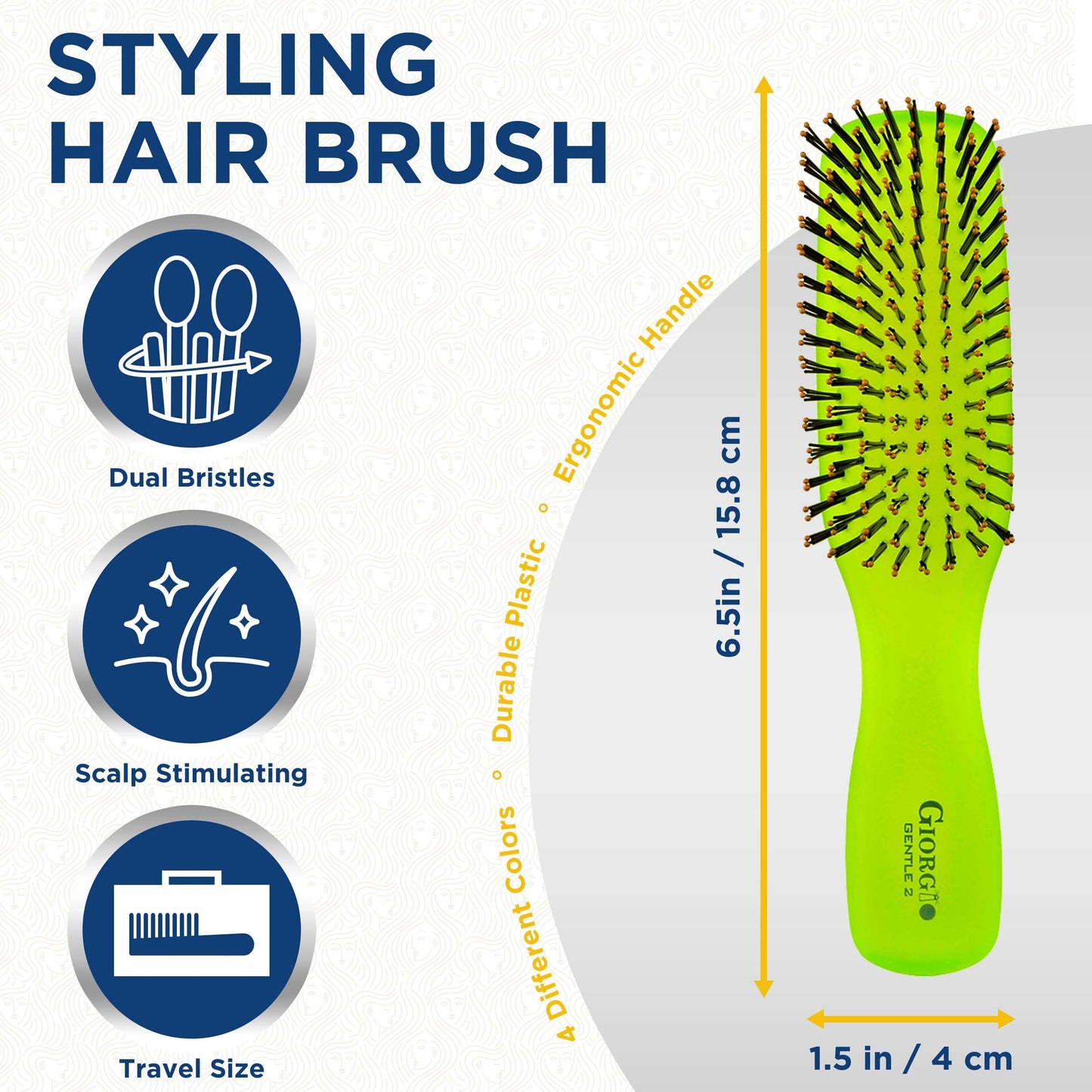 Giorgio GION2G Neon Green 6.25 inch Gentle Touch Detangler Hair Brush for Men Women & Kids. Soft Bristles for Sensitive Scalp. Wet & Dry for all Hair