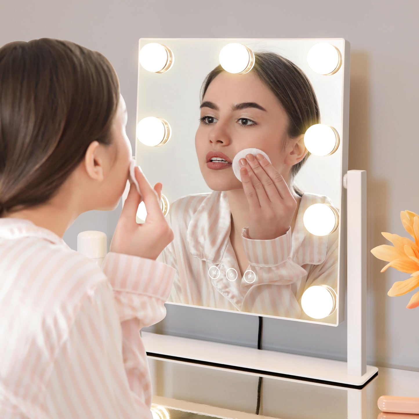 Vanity Mirror with Lights,Lighted Vanity Mirror with 9 Dimmable Bulbs for Dressing Room & Bedroom,3 Color Lighting,Modes Detachable 10x Magnification
