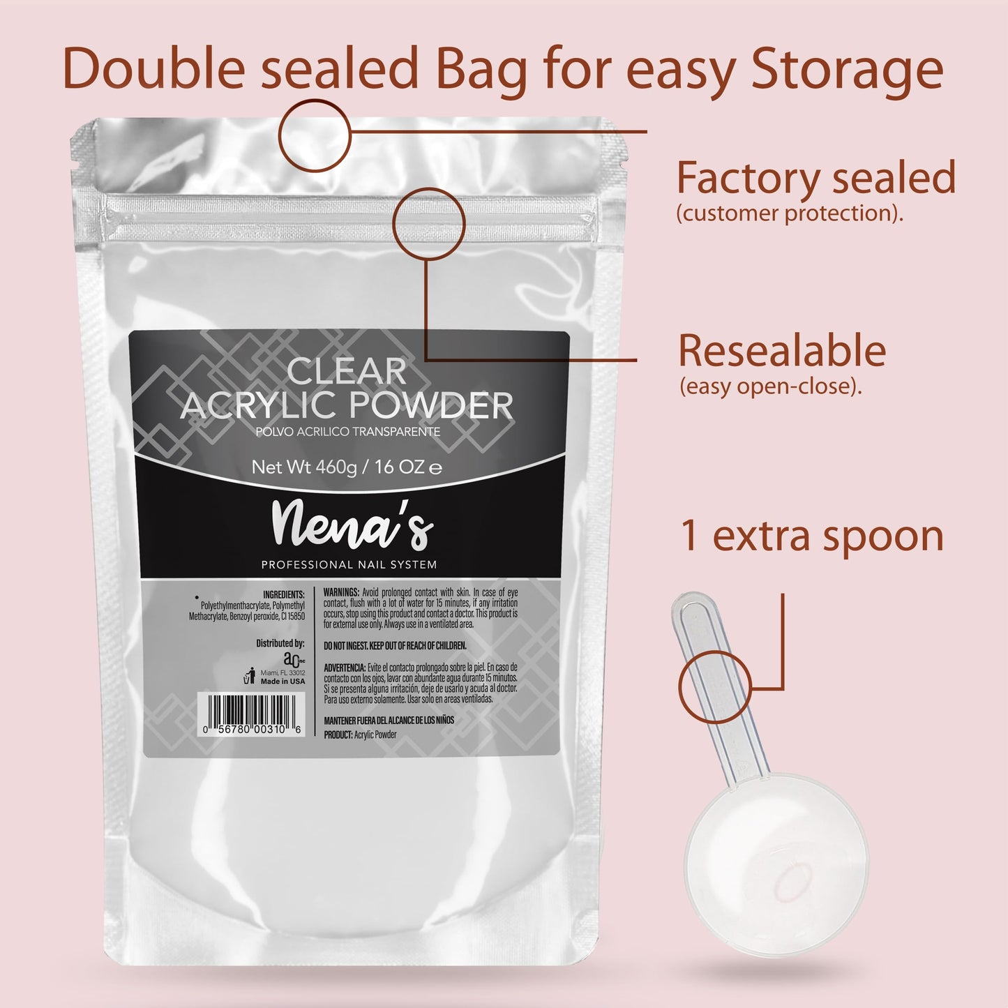 Nena's 16oz Acrylic Liquid Monomer + 16oz Clear Acrylic Powder Made in USA (Clear Pink) Beauty & Personal Care Nena's
