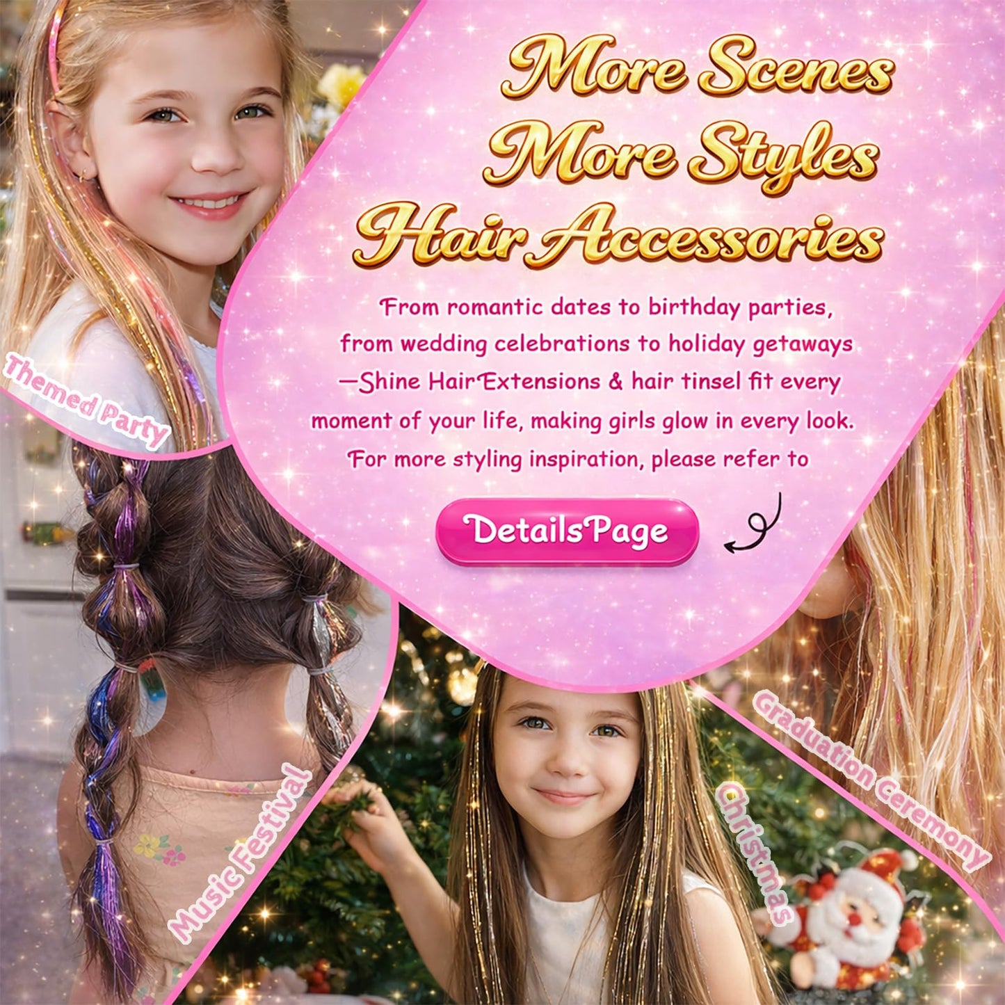 Pink Hair Tinsel, 8 Pcs Fairy Hair Tinsel Kit for Girls Women Beauty and Personal Care Rootoo
