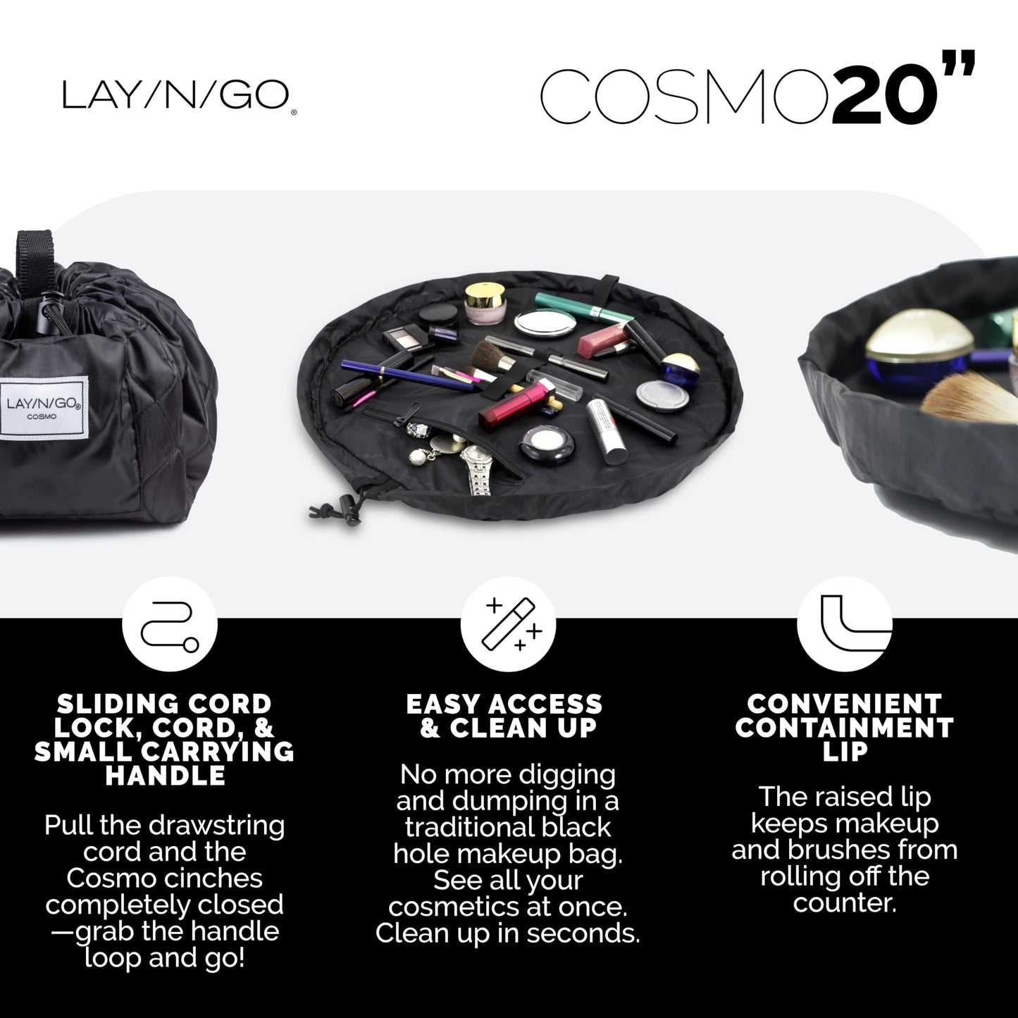 Lay-n-Go Cosmo 20" Drawstring Makeup Bag – Portable Cosmetic Organizer with Zipper Pocket & Loops, Washable Travel Toiletry Bag (Black)