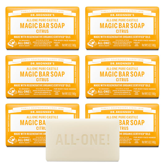 Dr. Bronner's Pure-Castile Magic Soap Bar (Citrus, 5 oz, 6-Pack)- Bath Soap with Regenerative Organic Certified Oils - For Face, Body & Hair - Gentle Beauty & Personal Care Dr. Bronner's