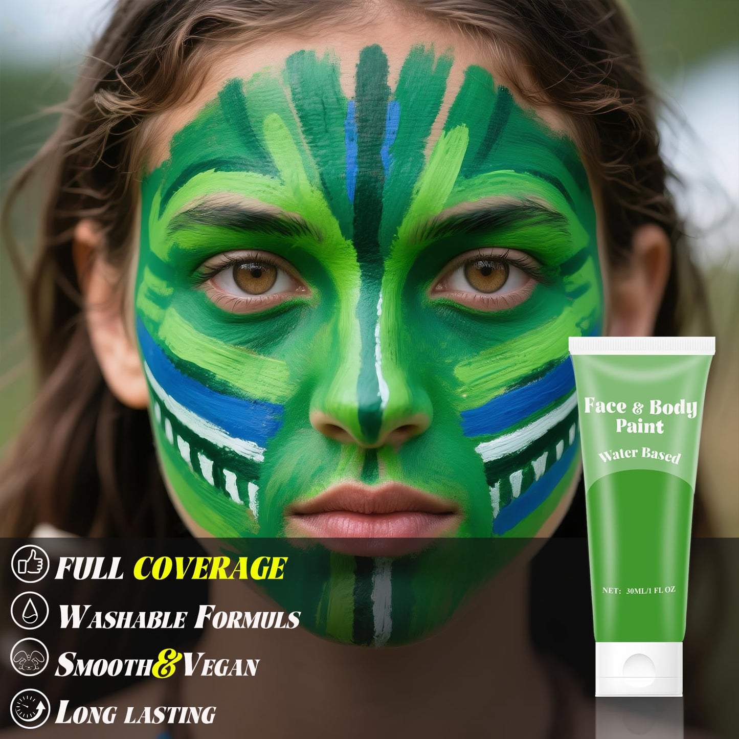 Green Face Body Paint,Water Based Face Painting for Halloween SFX Witch,Hulk Gamora Makeup,Camouflage Hunting Hulk Body Paint for Women Adults athena