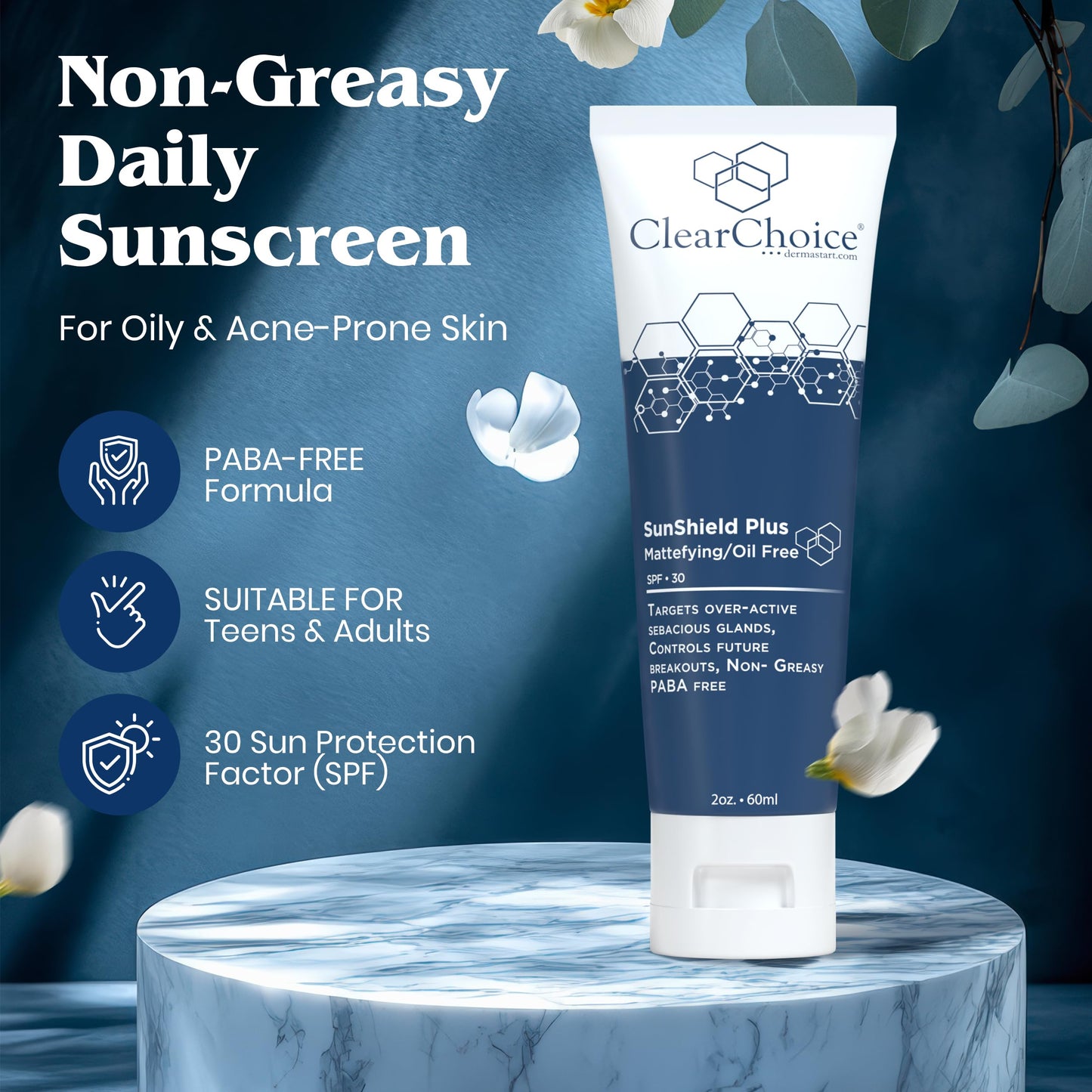 Clear Choice Sun Shield Plus 1.7oz - Non-Greasy Daily Sunscreen for Oily & Acne-Prone Skin, SPF 30, Controls Breakouts & Sebum, PABA-Free with Zinc