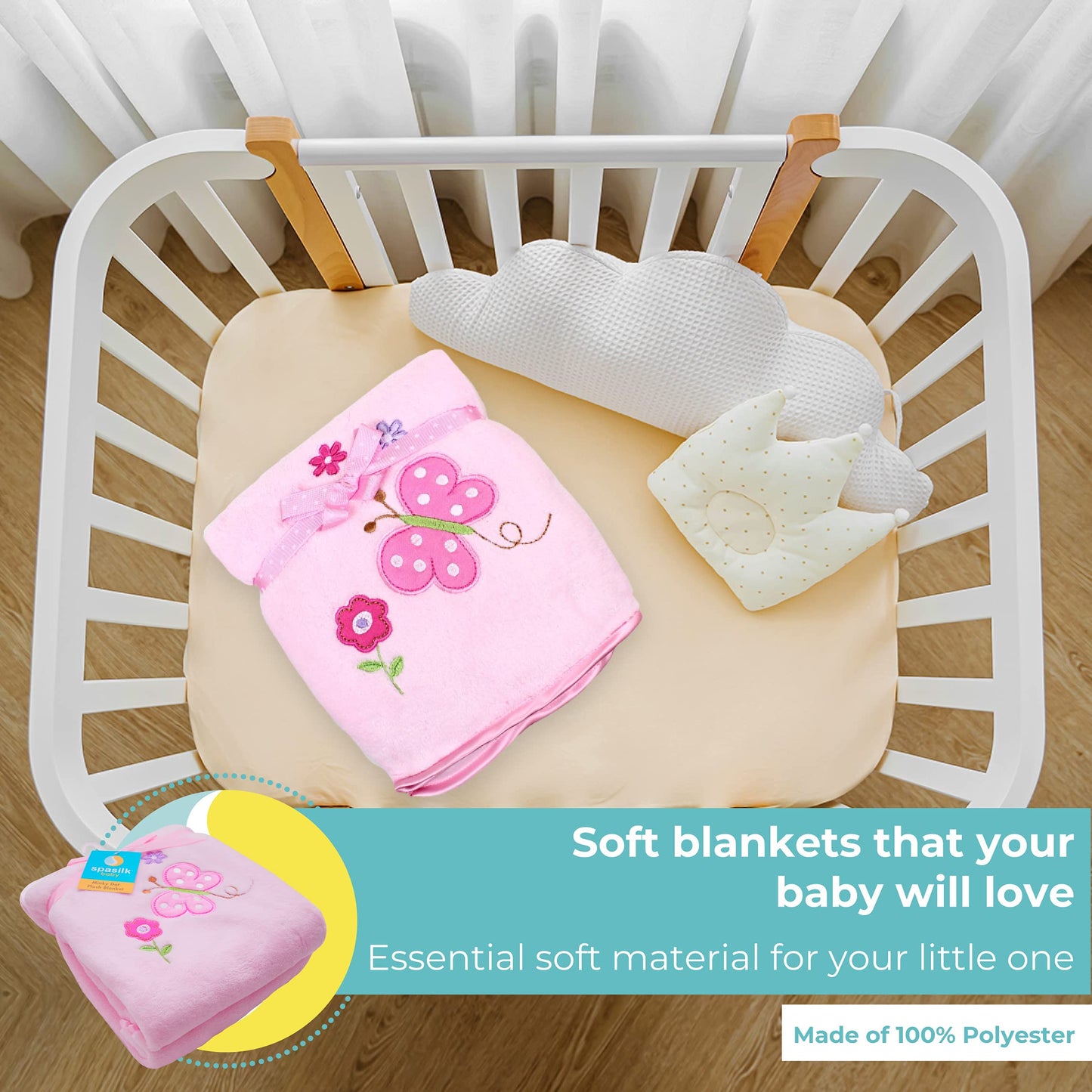 Spasilk Baby Girls' Newborn Extra Thick Plush Blanket with Satin Trim, Pink Butterfly, One Size