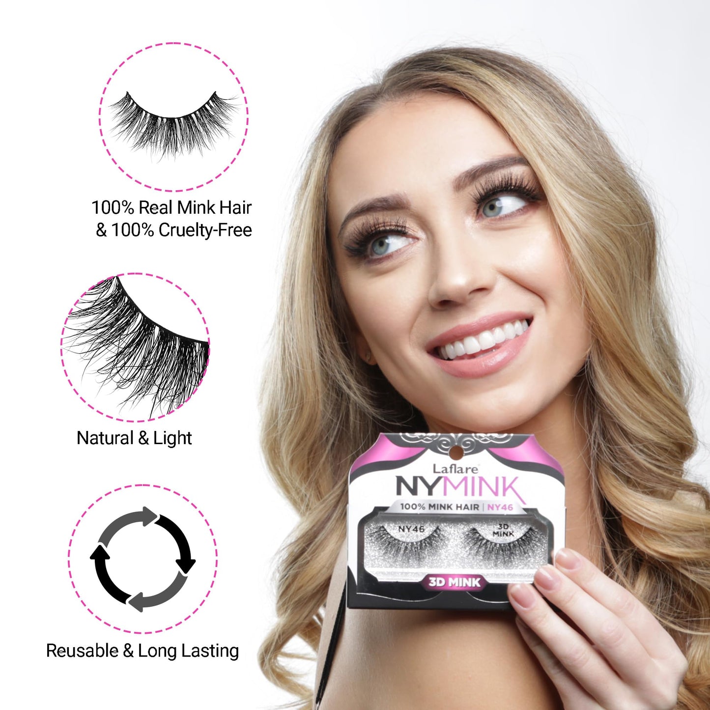 Laflare 3D NY Mink Eyelashes, 100% Real Mink Hair Lashes, Luxury Makeup, Natural, Light, Trendy, Variety, Reusable, Multi layered Real Mink Hair