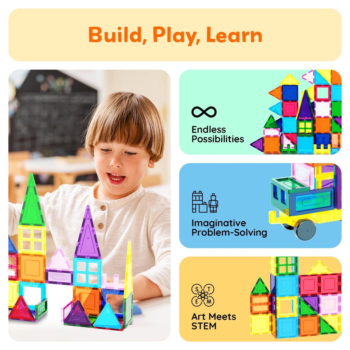 PicassoTiles 101pcs Magnetic Tiles with Car & Carry Bag – STEM Building Blocks Educational Toy Set for Kids Ages 3+ (PC101)