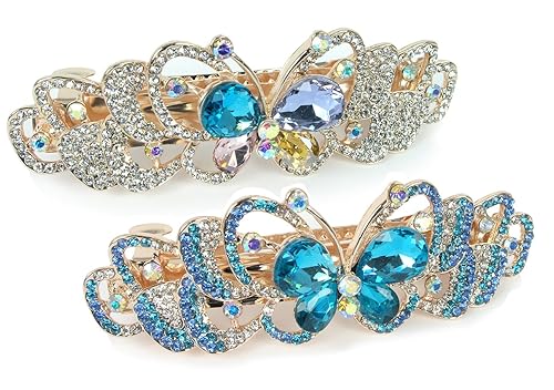 Butterfly Hair Barrettes - Jeweled Clips - Roses - Gold Metal with Rhinestones - Multi-Colored Jewels - 3.5" x 1.25" - Set of 2