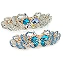 Butterfly Hair Barrettes - Jeweled Clips - Roses - Gold Metal with Rhinestones - Multi-Colored Jewels - 3.5" x 1.25" - Set of 2