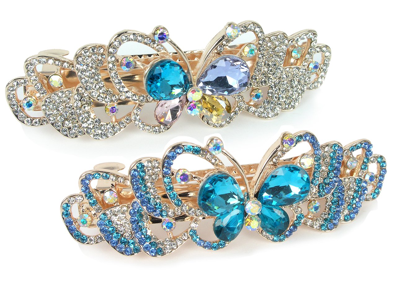Butterfly Hair Barrettes - Jeweled Clips - Roses - Gold Metal with Rhinestones - Multi-Colored Jewels - 3.5" x 1.25" - Set of 2