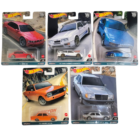 Hot Wheels Car Culture 2023 Canyon Warriors Complete 5‑Pack (FPY86-959C) | BMW M5, Ford Sierra Cosworth, Porsche 944 Turbo, Volvo 142 GL…