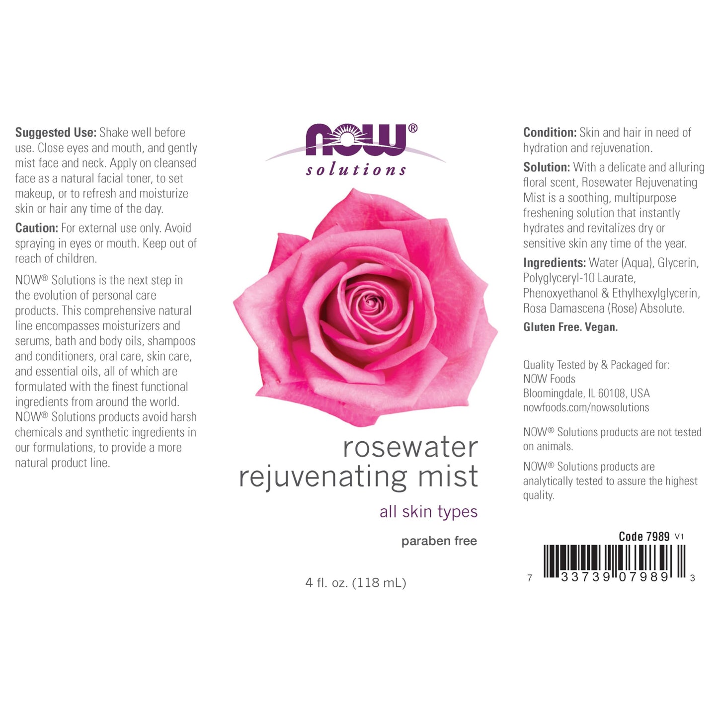 NOW Solutions Rosewater Rejuvenating Mist, Hydration and Rejuvenation Spray for All Skin and Hair Types, 4-Ounce