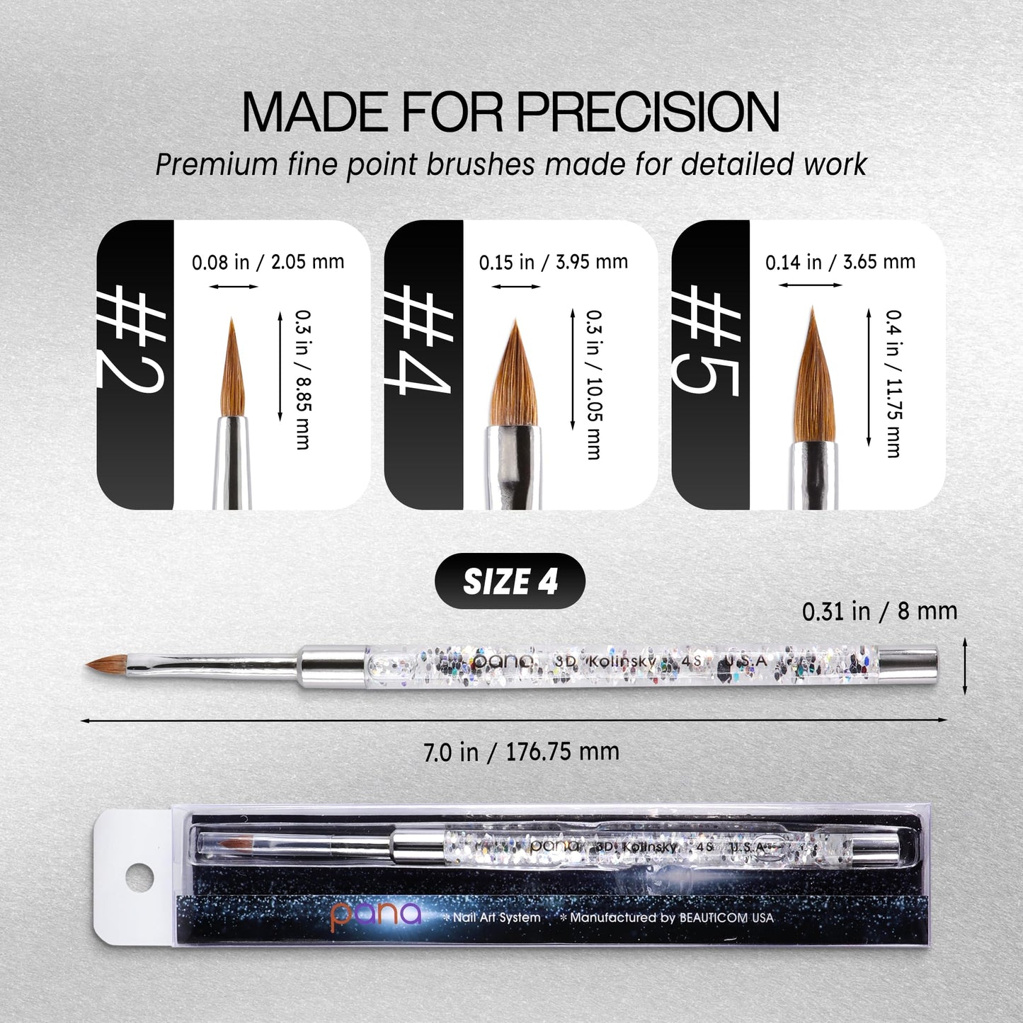 PANA 3D Kolinsky Nail Art Brush - Silver Glitter Handle, Size 4 - Acrylic Nail Art Sculpture Brush for Manicures Pedicure Salon Professional or