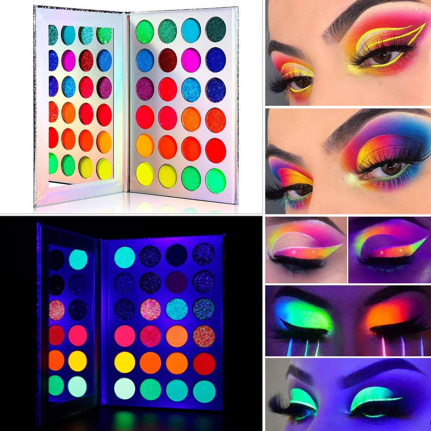 DE'LANCI Neon Eyeshadow Palette Glow in the Dark, Aurora Glow Eyeshadow Pallets Stage, Halloween Christmas Makeup Kit UV Blacklight Matte and Glitter