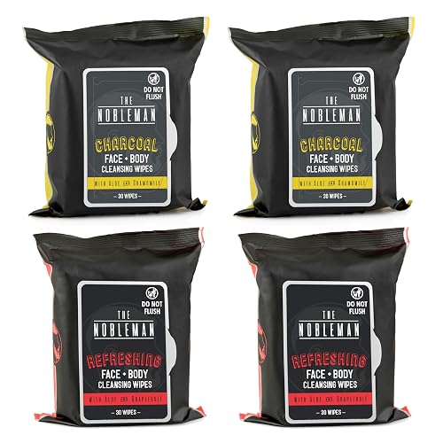 The Nobleman 4-Pack Face + Body Aloe Infused Cleansing Wipes: 2 Charcoal Packs with Chamomile and 2 Refreshing Packs with Grapefruit (120 Ct.)