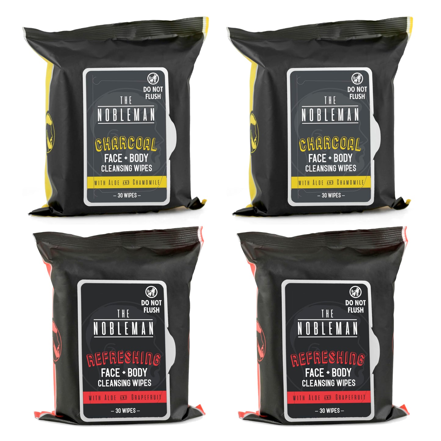 The Nobleman 4-Pack Face + Body Aloe Infused Cleansing Wipes: 2 Charcoal Packs with Chamomile and 2 Refreshing Packs with Grapefruit (120 Ct.)