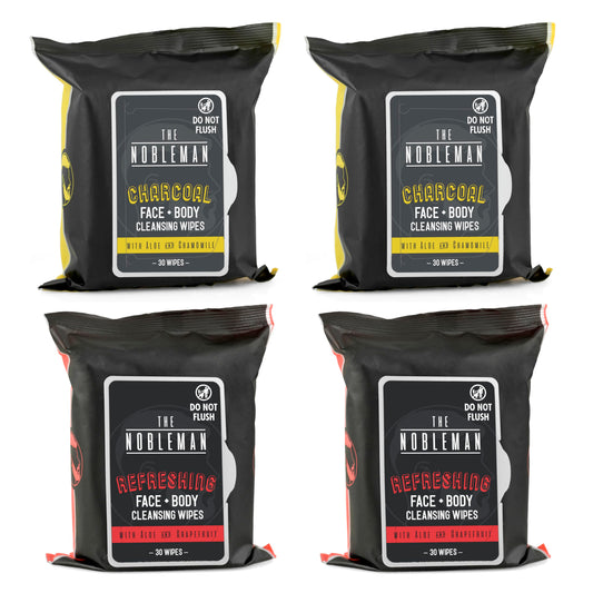 The Nobleman 4-Pack Face + Body Aloe Infused Cleansing Wipes: 2 Charcoal Packs with Chamomile and 2 Refreshing Packs with Grapefruit (120 Ct.)