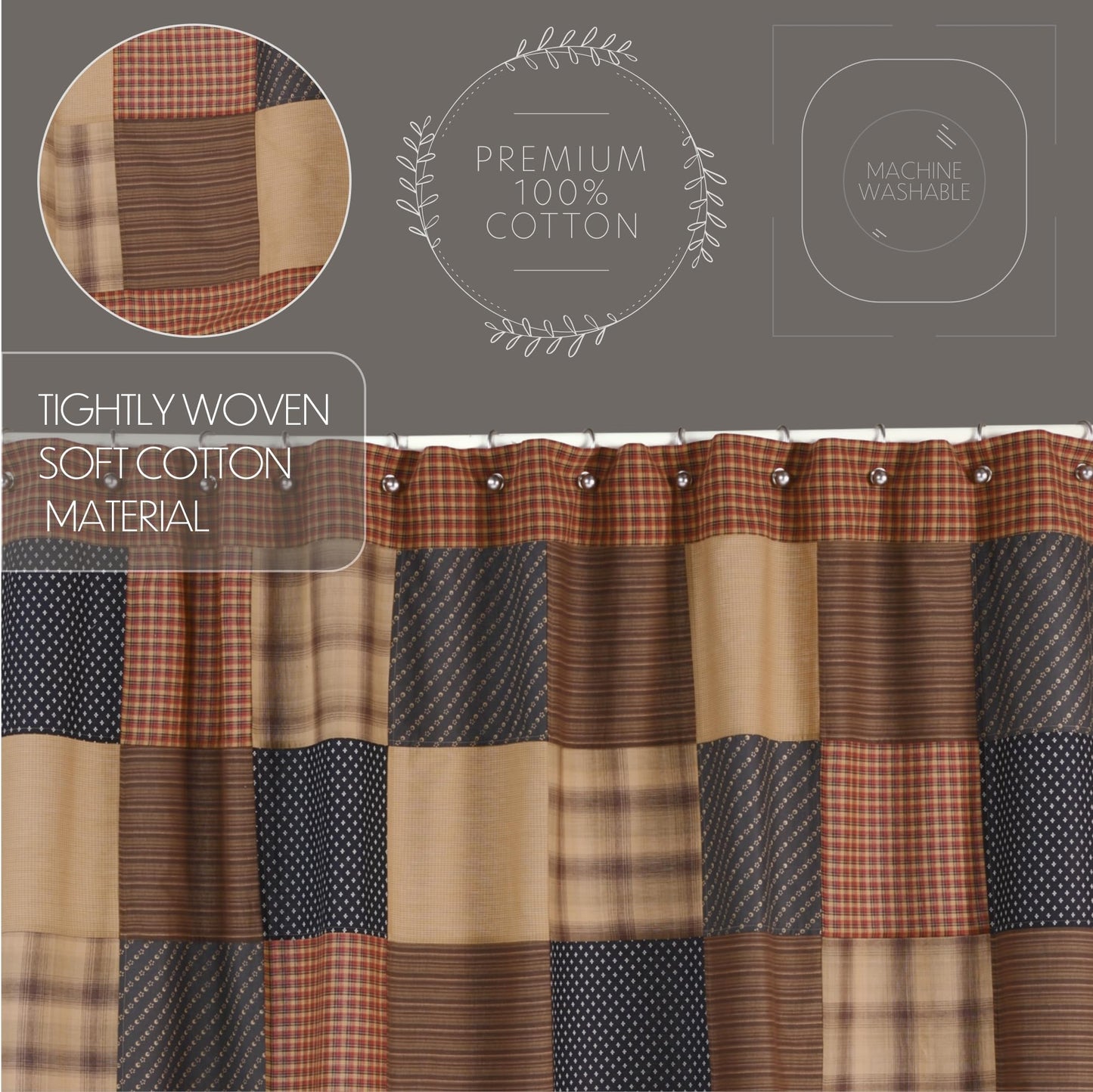 VHC Brands Patriotic Patch Square Bath Decor, Shower Curtain, Red, 72x72