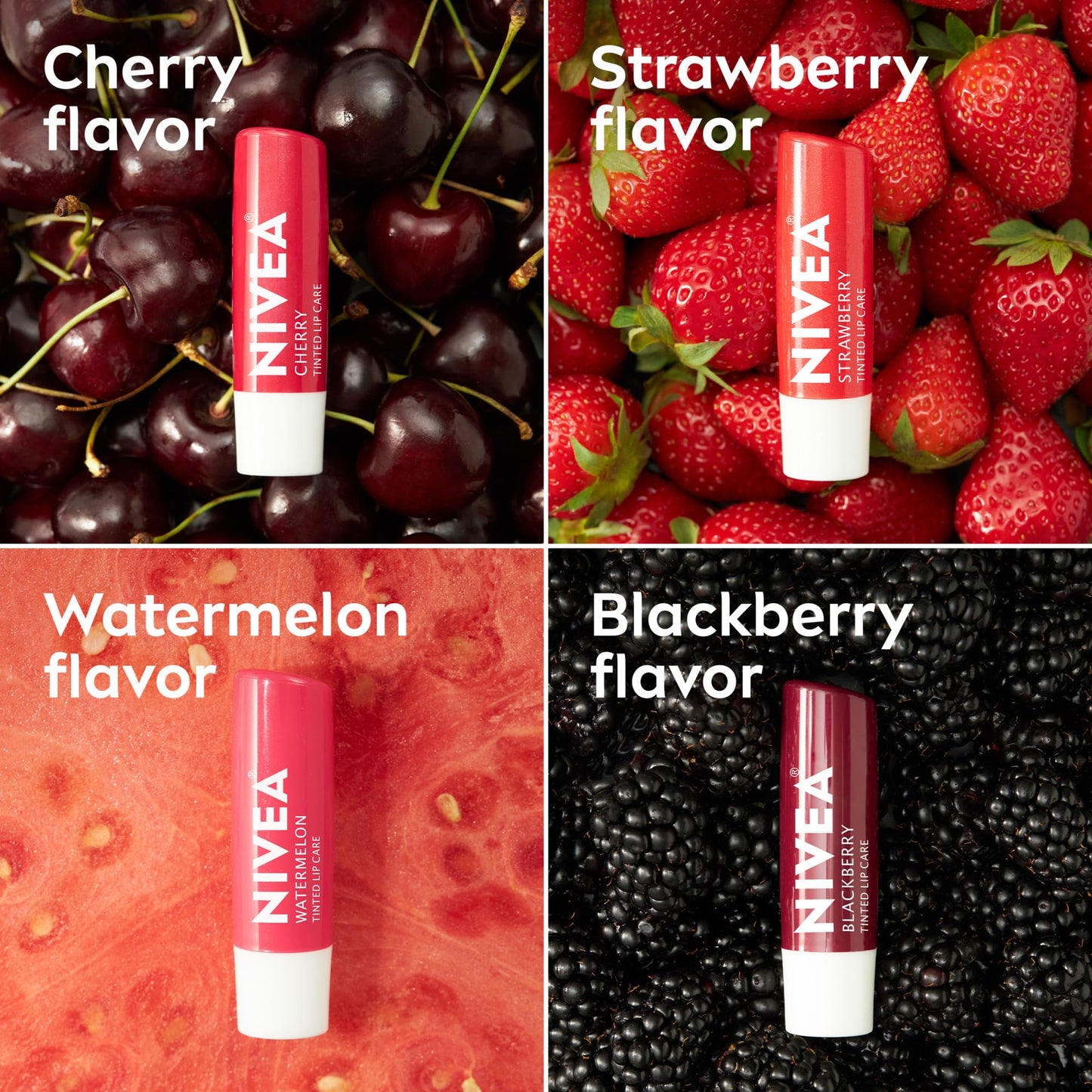 NIVEA Lip Care, Fruity Tinted Lip Balm Variety Pack, Cherry, Strawberry, Blackberry and Watermelon Flavors, 3-in-1 Moisture, Repair and Color, 0.17 Oz