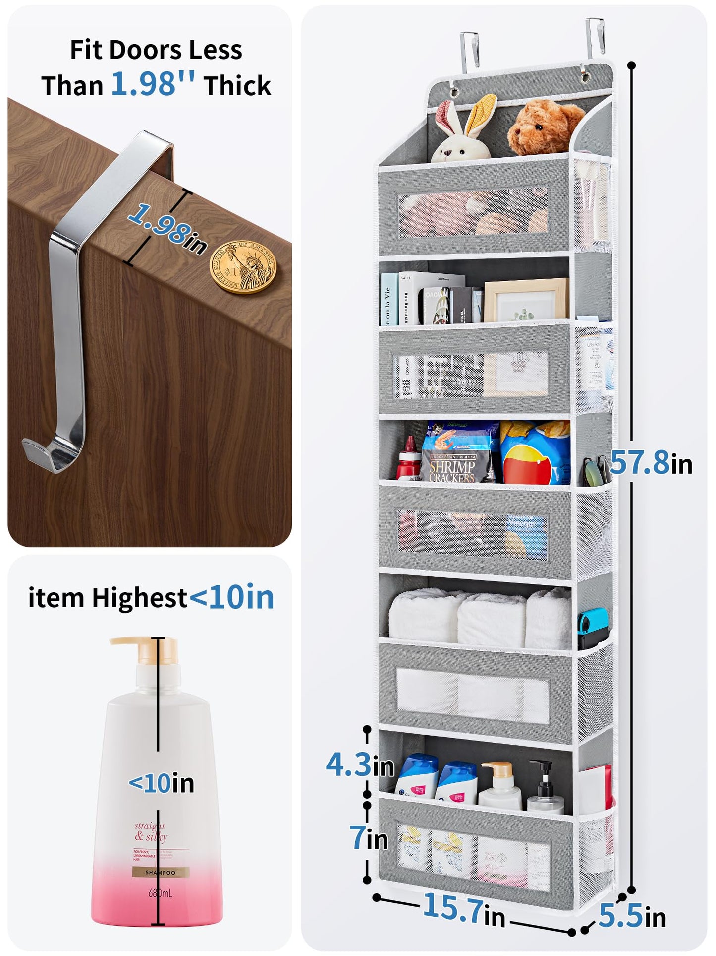 JARLINK Over the Door Organizer – 5-Shelf Hanging Storage with Large Pockets, 44lb Capacity – for Bedroom, Bathroom, Pantry – Grey