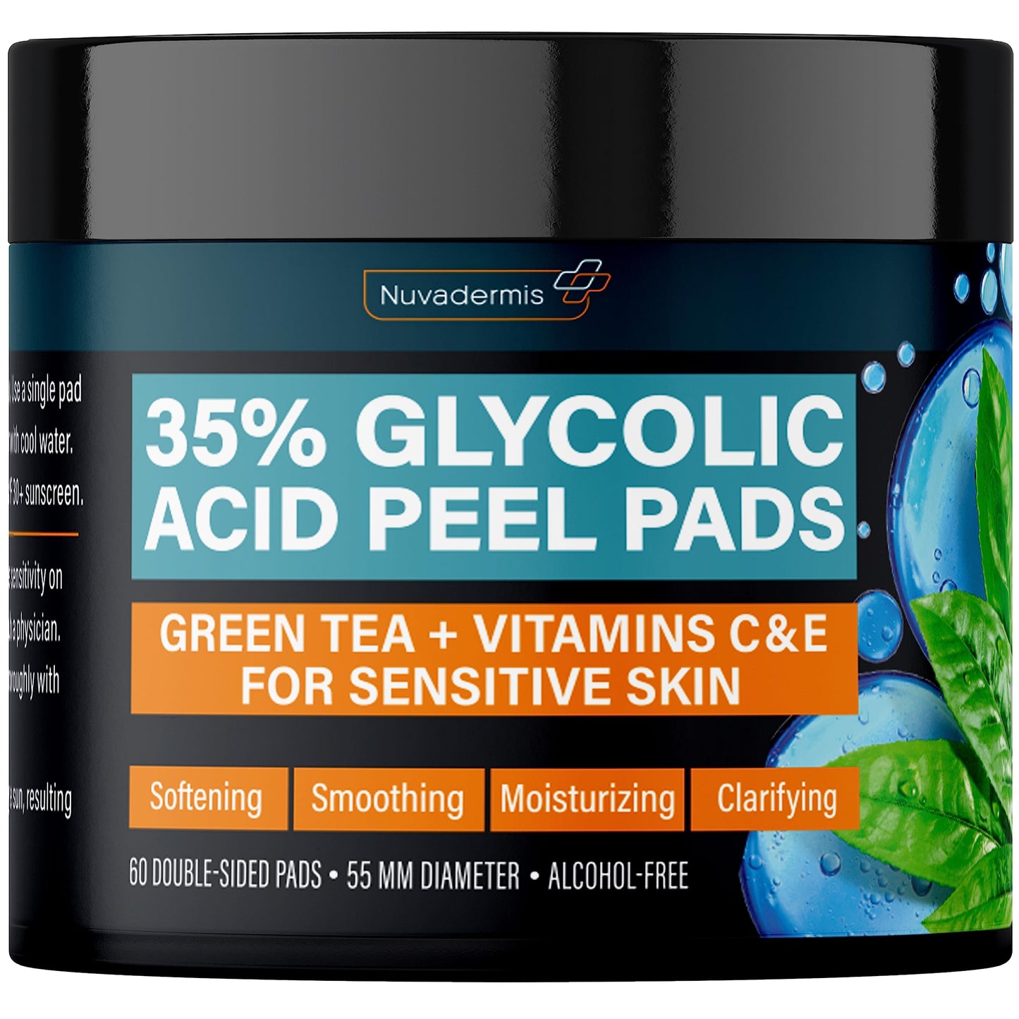 NUVADERMIS 35% Glycolic Acid Peel Pads - Exfoliating Facial Resurfacing for Blackheads, Dark Spots, and Acne - Safe for Sensitive Skin - 60