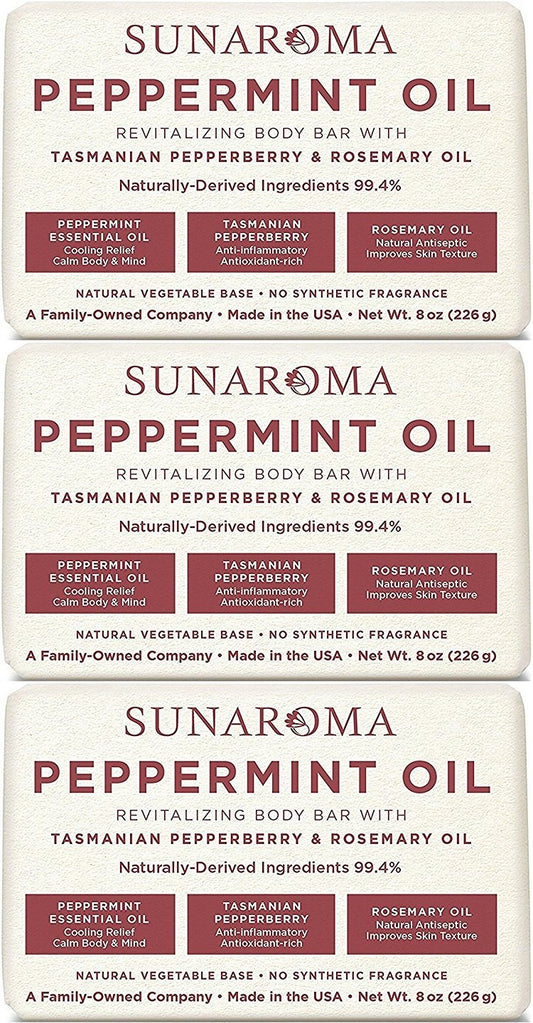 Sunaroma Peppermint Oil & Rosemary Body Bar Soap, 8 Ounce (Pack of 3)