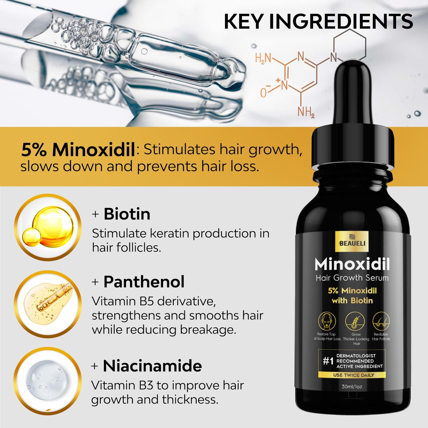 Beaueli 5% Minoxidil for Men and Women, Hair Growth, Beard Growth, Hair Regrowth, Unscented Drop, 3 Fl Oz, 3 Bottles Beauty and Personal Care beaueli