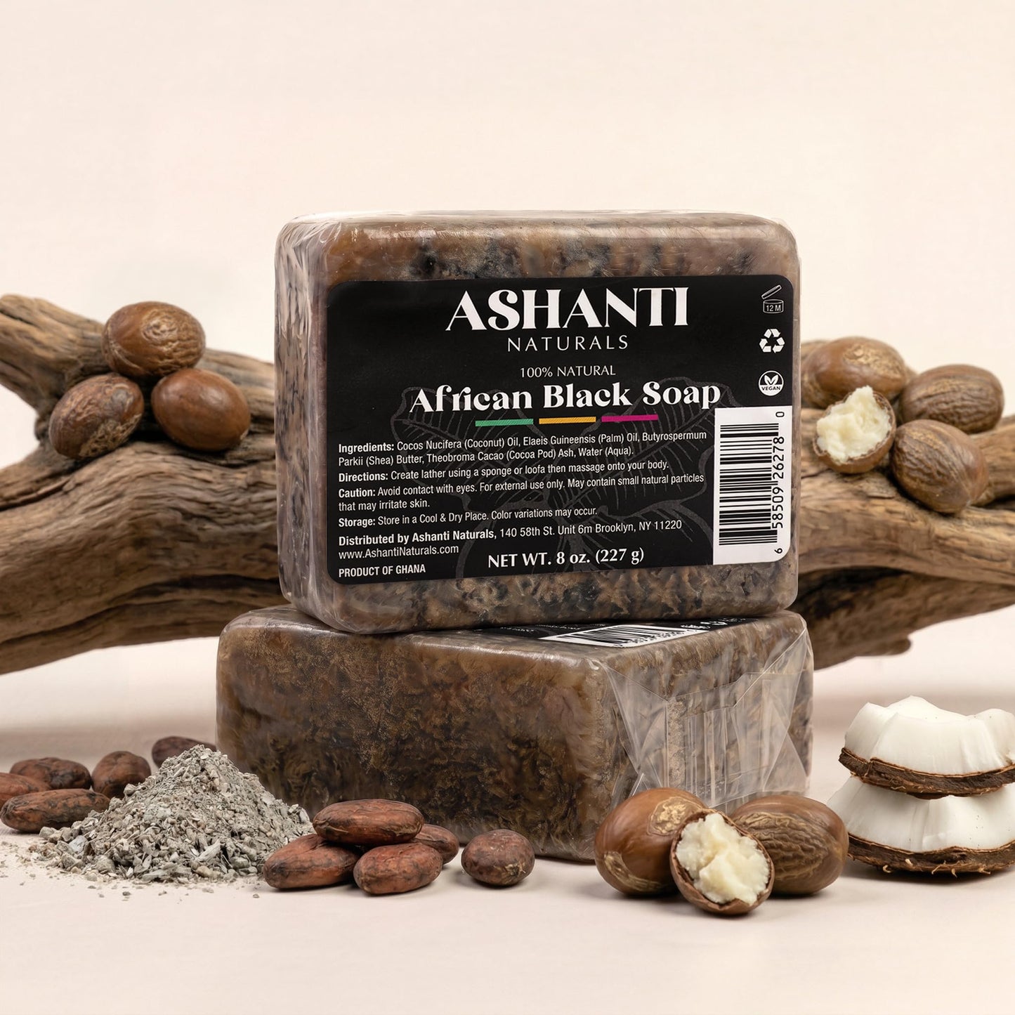 Ashanti Naturals African Black Soap Bar | Unscented Natural Black Soap with Raw Shea Butter and Coconut Oil - 8oz Bar