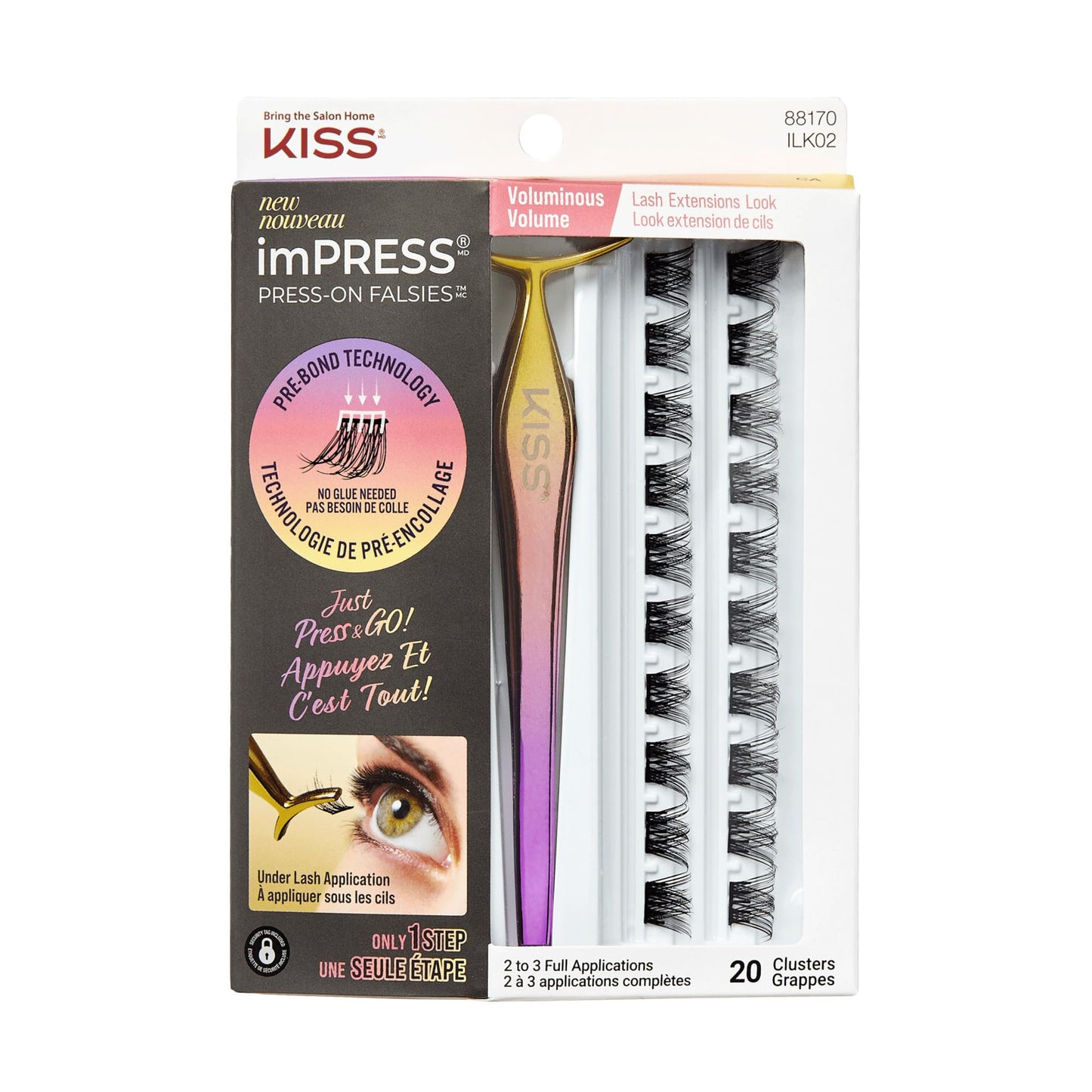 KISS imPRESS Falsies Self Adhesive Eyelashes, Press On Lashes, 12mm-14mm Glam Volume Lashes, Black, No Glue Needed, Invisible Band, 36 Lash Clusters…