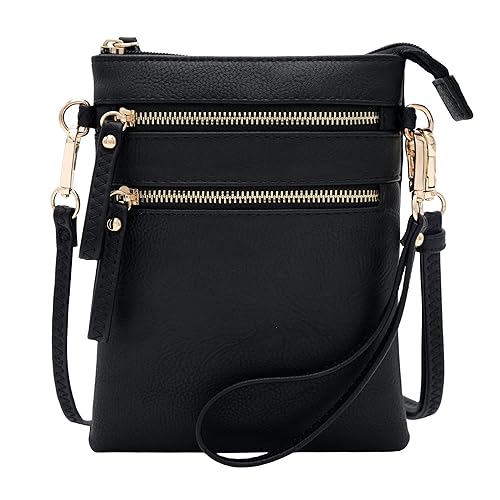 Solene Women's Faux Leather Organizer Multi Zipper Pockets Handbag With Detachable Wristlet Crossbody Bag-WU002(Black)