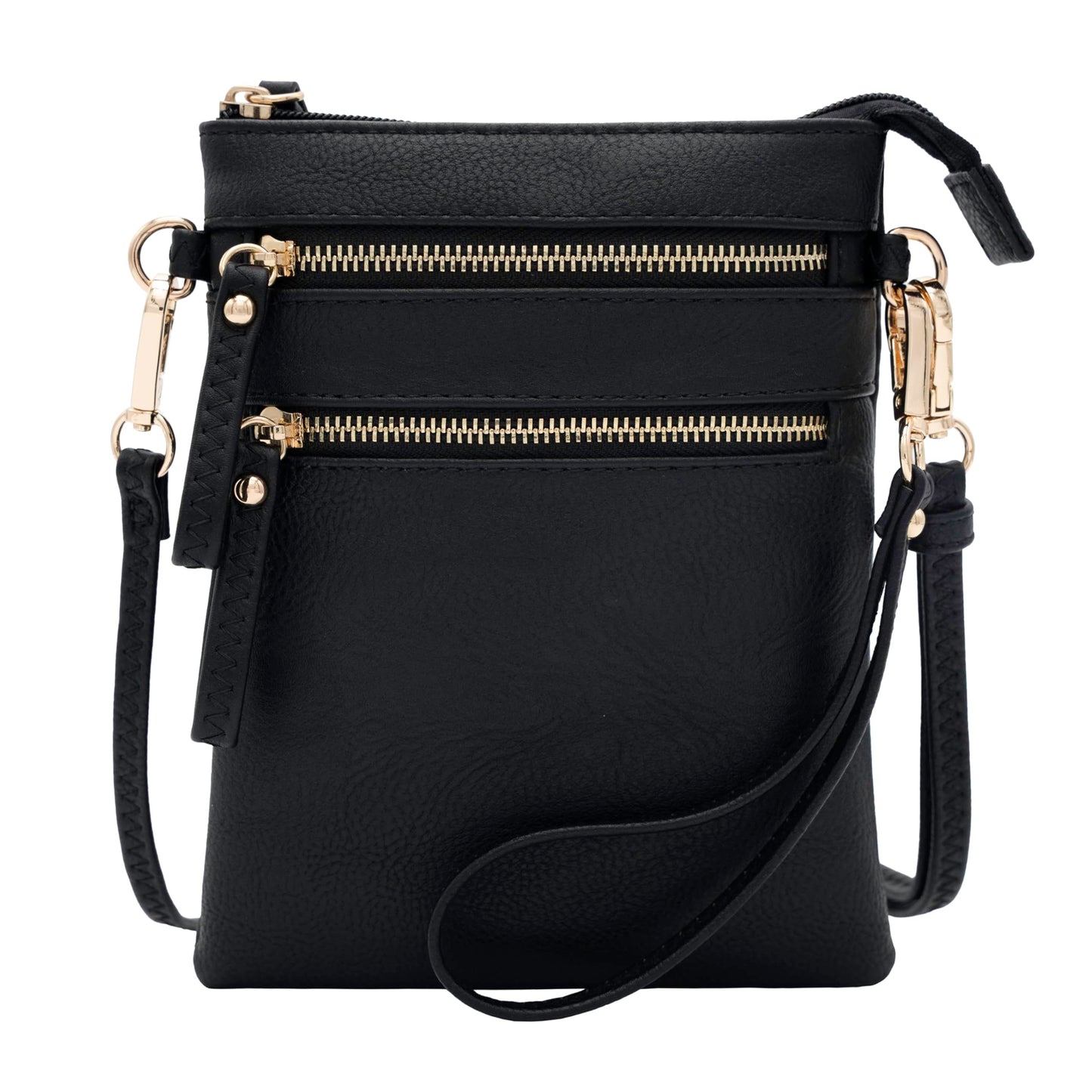 Solene Women's Faux Leather Organizer Multi Zipper Pockets Handbag With Detachable Wristlet Crossbody Bag-WU002(Black)