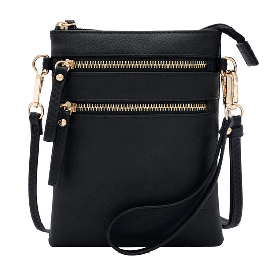 Solene Women's Faux Leather Organizer Multi Zipper Pockets Handbag With Detachable Wristlet Crossbody Bag-WU002(Black)