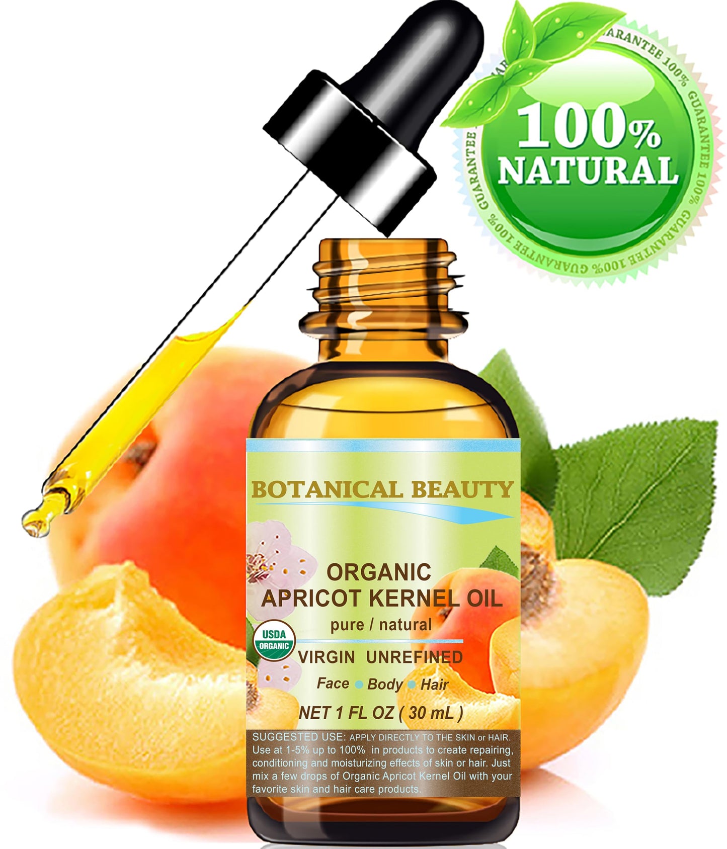 Botanical Beauty ORGANIC APRICOT KERNEL OIL Australian. 100% Pure Virgin Unrefined Cold Pressed Carrier Oil 1 oz- 30 ml. For Face, Hair, Body, Nails