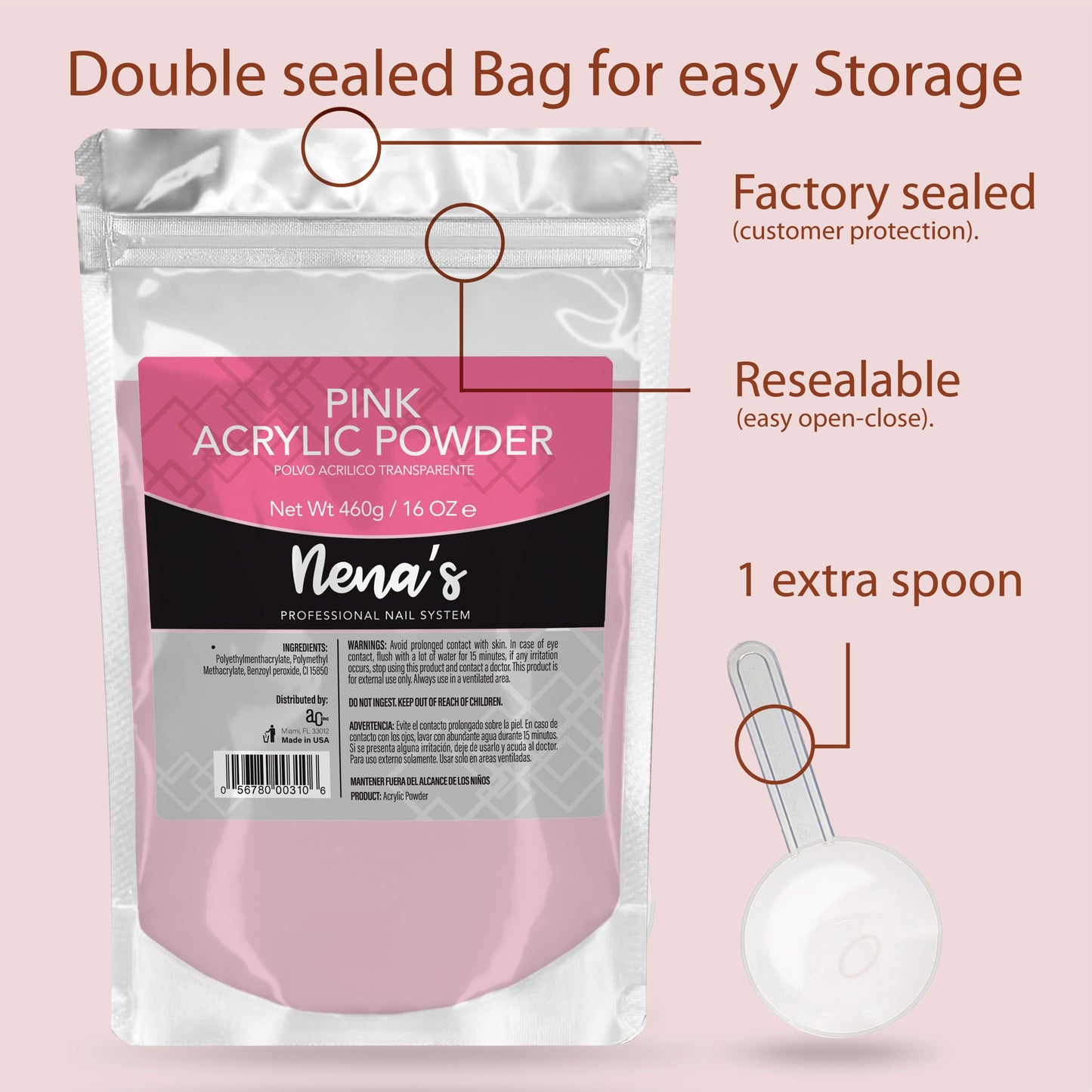 Nena's 16oz Acrylic Liquid monomer + 16oz Clear Acrylic Powder Made in USA Clear Pink (Pink) Beauty & Personal Care Nena's