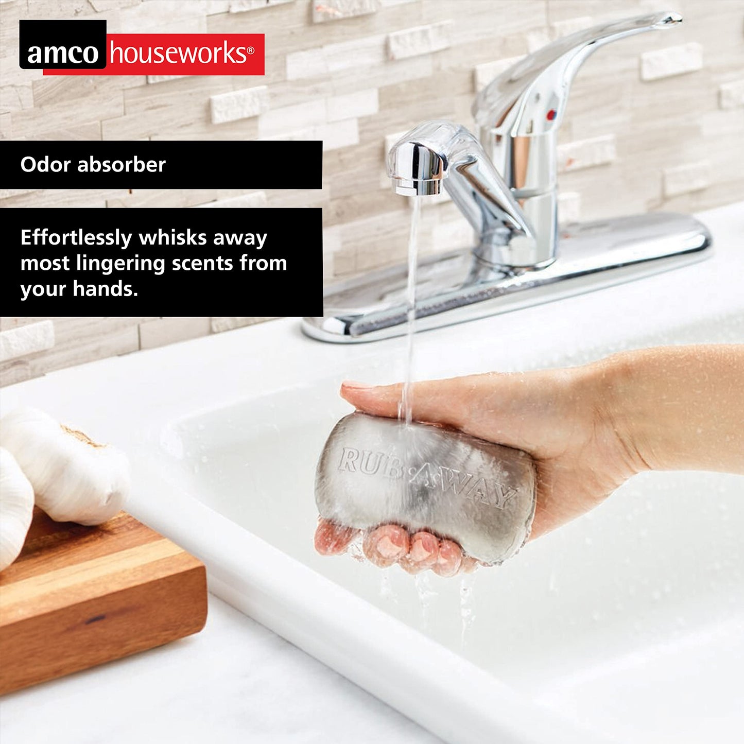 Amco Rub Away Bar, Stainless Steel Odor Absorber (4" x 2.25") - Dishwasher Safe Kitchen & Outdoor Essential for Garlic, Onion, Fishing, Hiking Odors