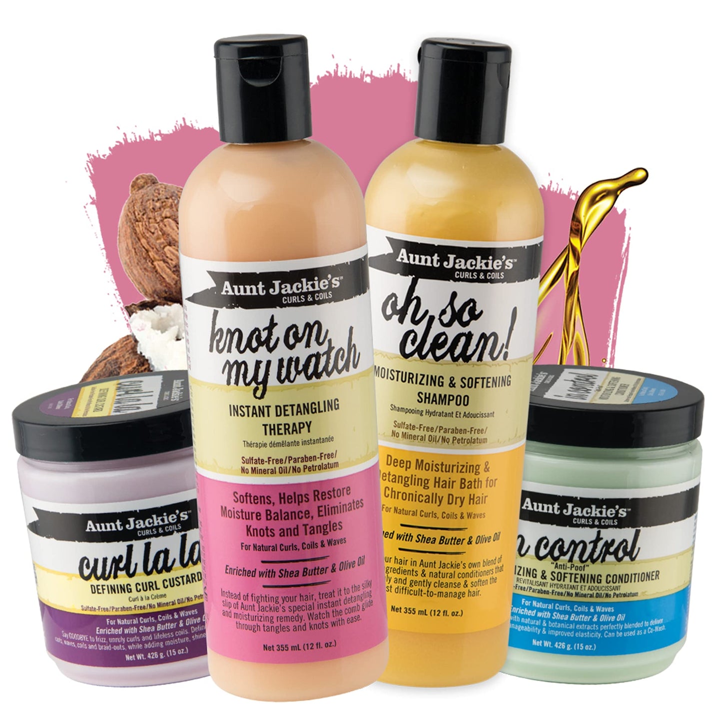 Aunt Jackie's Curls & Coils Perfect Hydrate Collection - Mega-Moisturizing with Shea Butter & Olive Oil, 4 Products: Curl Conditioner, Detangler