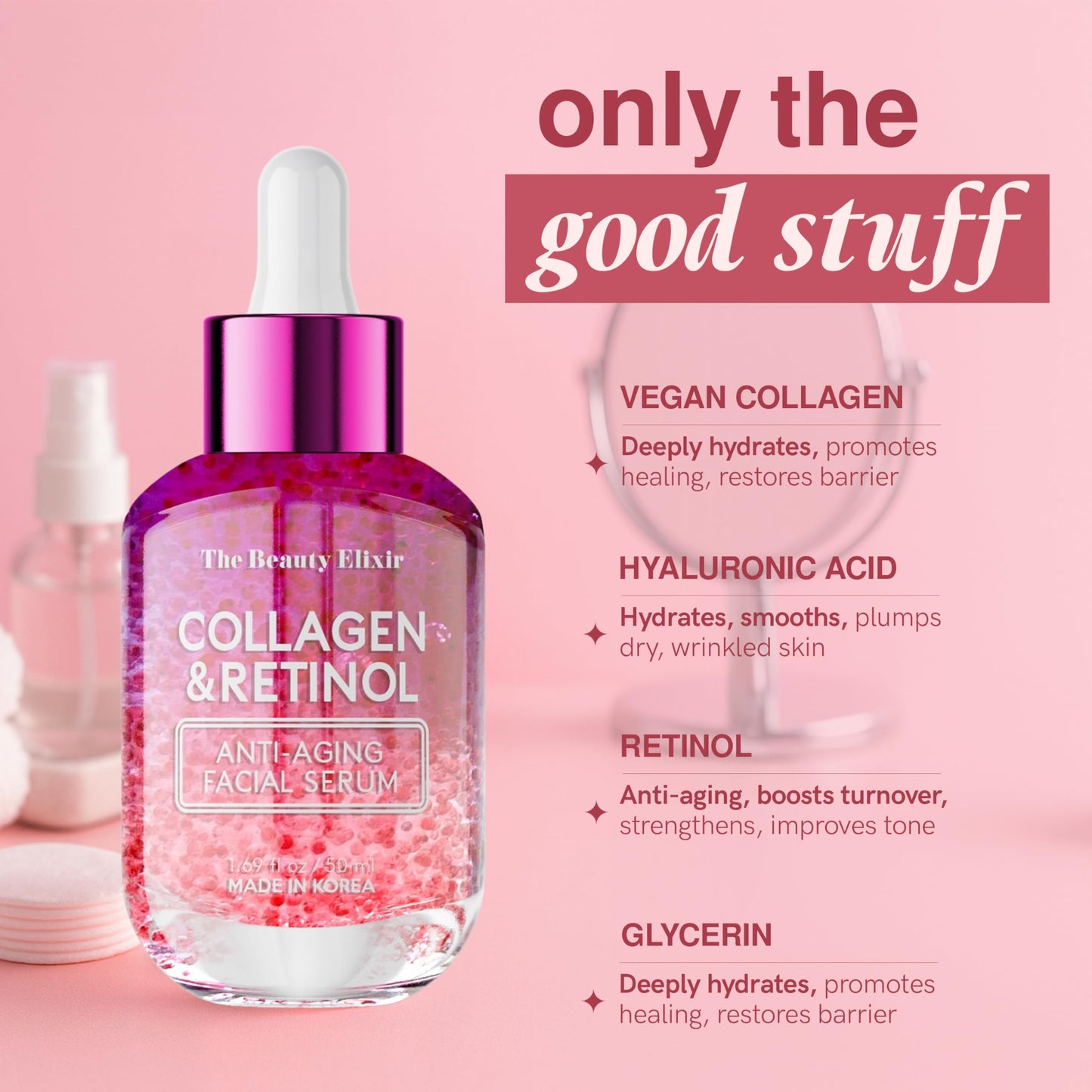 The Beauty Elixir Collagen & Retinol Serum For Face - Ultra Hydrating, Restores, Smooths & Reduces Wrinkles - Dermatologist Tested, Natural