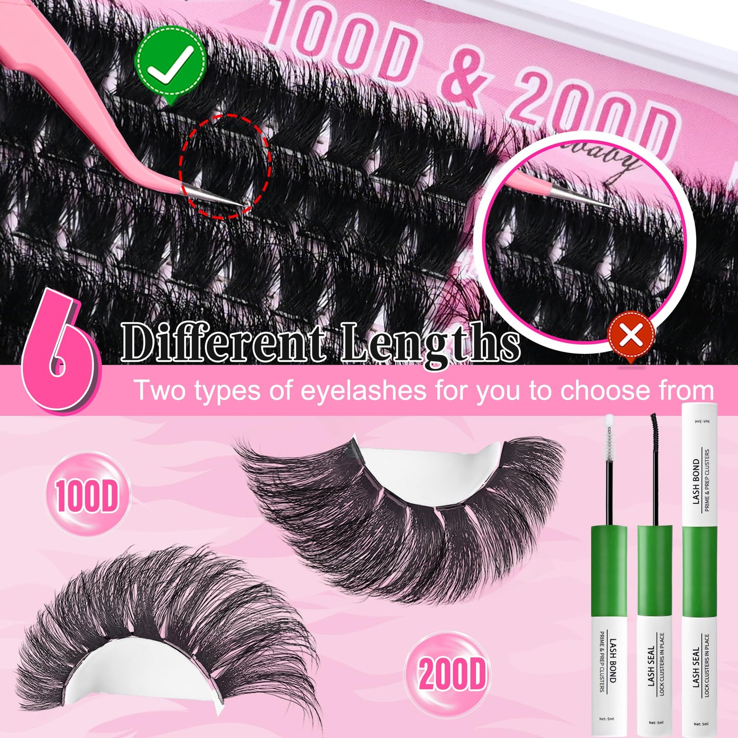 Lash Clusters Kit 100D+200D Mega Lashes Clusters 12-22mm Wispy Individual Thick Volume Eyelash Extensions 280Pcs with Bond and Seal Waterproof DIY Beauty and Personal Care Hushlibaby