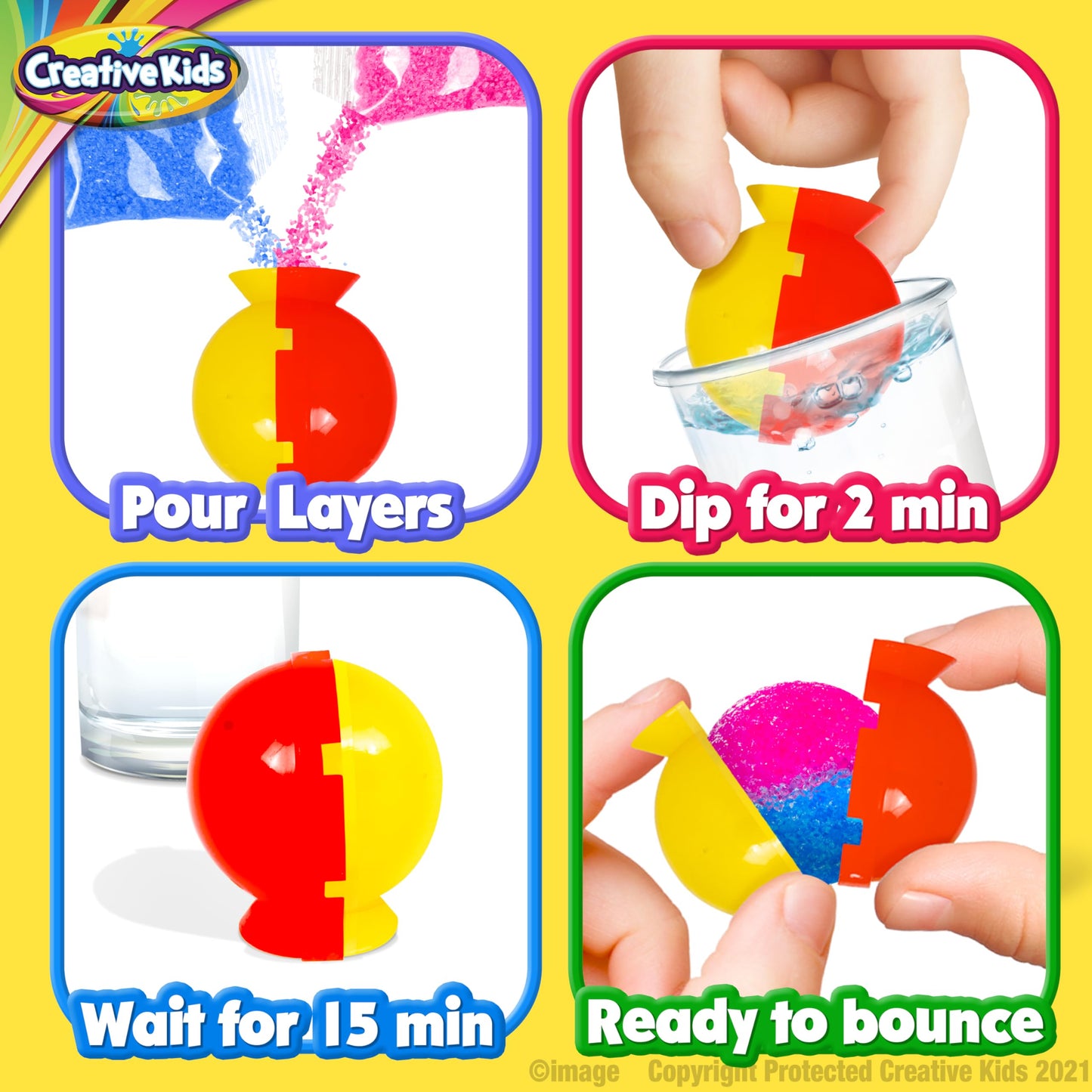 Creative Kids Magic Bouncy Balls Kit – DIY STEM Science Toy with 25 Colorful Crystal Powder Packs & 5 Molds – Makes Up to 43 Fun Bounce Balls for Kids