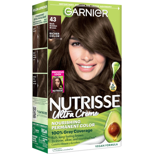 Garnier Nutrisse Ultra Crème Hair Color, Permanent Hair Dye with 100% Gray Coverage, Vegan & Cruelty-Free, 43 Dark Golden Brown (Cocoa Bean), 1 Count Beauty & Personal Care Garnier